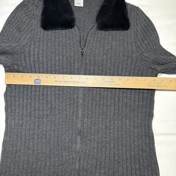 Plaza South Vtg Womens M Ribbed Gray Wool Blend Zip Cardigan Faux Fur Collar EUC - Picture 5 of 14